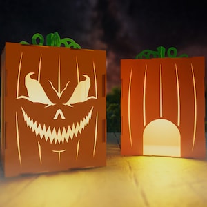 Wood Lantern, Laser cut, Jack-O-Lantern for Halloween/ Fall Art decor with flickering battery powered tea light - Eerie Smile