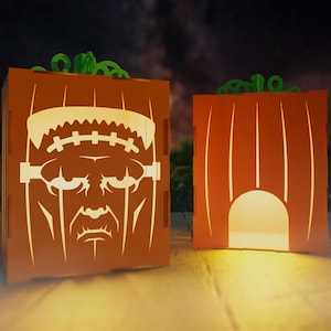 Wood Lantern, Laser cut, Jack-O-Lantern for Halloween/ Fall Art decor with flickering battery powered tea light - Frankenstein&#39;s Monster