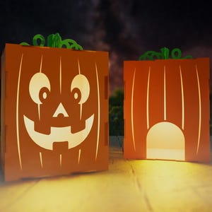 Wood Lantern, Laser cut, Jack-O-Lantern for Halloween/ Fall Art decor with flickering battery powered tea light - Happy Smile