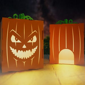 Wood Lantern, Laser cut, Jack-O-Lantern for Halloween/ Fall Art decor with flickering battery powered tea light - Happy Smile