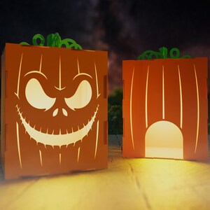 Wood Lantern, Laser cut, Jack-O-Lantern for Halloween/ Fall Art decor with flickering battery powered tea light - Devilish Grin