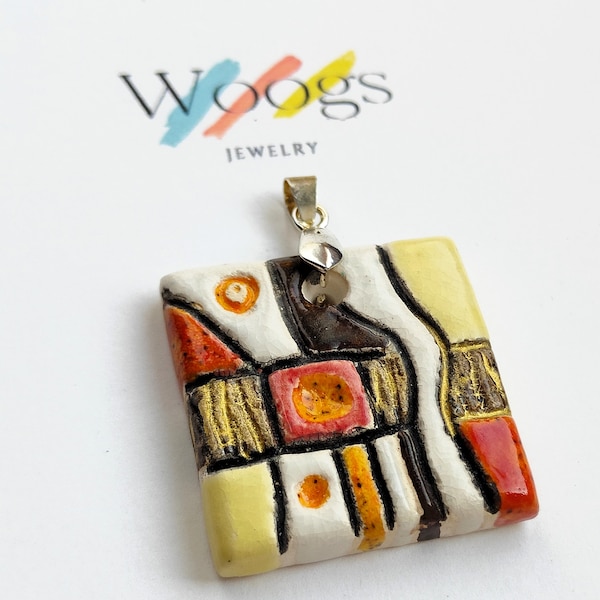 Multicolored stained glass, art à la KLIMT, colorful accent, iced gingerbread, square clay pendant, eco-jewelry, ceramic decoration