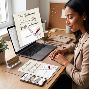 Puede incluir: Un ordenador portátil muestra una lista de control digital titulada Pre-Interview, Interview Day y Post-Interview con un icono de bolígrafo rojo. Una lista impresa a juego se encuentra sobre el escritorio junto a un smartphone y un cuaderno.