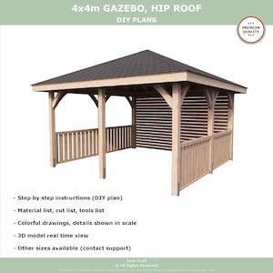 4x4m GAZEBO DIY plans PDF pergola pavilion shingle hip roof digital download outdoor woodworking tech craft plans