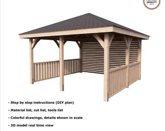 4x4m GAZEBO DIY plans PDF pergola pavilion shingle hip roof digital download outdoor woodworking tech craft plans