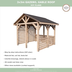 3x3m GAZEBO DIY plans PDF pergola pavilion shingle gable roof digital download outdoor woodworking tech craft plans