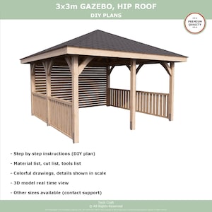 3x3m GAZEBO DIY plans PDF pergola pavilion shingle hip roof digital download outdoor woodworking tech craft plans