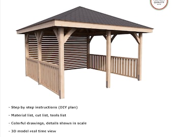 3x3m GAZEBO DIY plans PDF pergola pavilion shingle hip roof digital download outdoor woodworking tech craft plans
