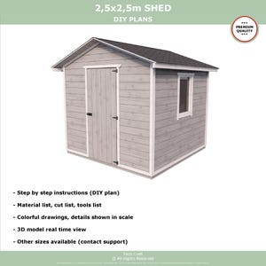 Planos de bricolaje para cobertizo de 2,5 x 2,5 m, cobertizo para leña, granero, techo a dos aguas, descarga digital, tecnología de carpintería para exteriores, planos de manualidades