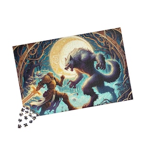 May include: A fantasy-themed jigsaw puzzle depicting a knight in armor wielding a sword, facing off against a snarling werewolf under a crescent moon.