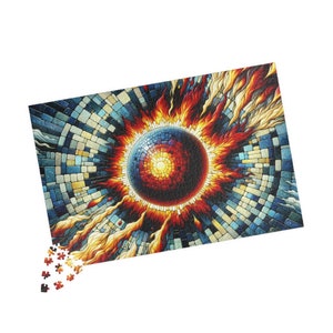 May include: A colorful mosaic puzzle featuring a fiery sun with a dark red center and a blue outer ring. The sun is surrounded by a swirling pattern of yellow, orange, and red flames.
