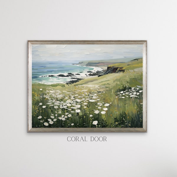 Ireland Coastal Landscape Wall Art, Hillside Wildflowers Fine Art Print, Giclee Print on Cotton Rag Paper, Green Countryside Artwork