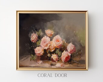 Pink Floral Watercolor Wall Art, Sprig of Roses on Table Painting, Cottagecore Artwork, Modern Farmhouse Vintage Style Art Print,