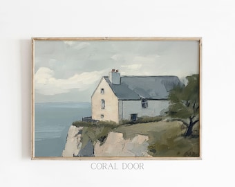 Seaside Cottage Ireland Landscape Wall Art Print, Soft Muted Tones of Blue Green and Beige, Vintage Impressionist Style Modern Coastal Decor