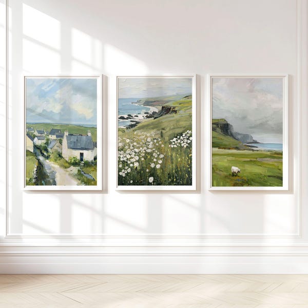 Irish Countryside Art Prints, Set of 3 Connemara Landscape Paintings, Modern Farmhouse Decor