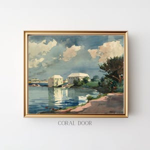 Vintage Bermuda Coastal Wall Art Landscape Painting Seascape Print, Salt Kettle House, Museum Quality Giclee Prints, Modern Coastal Decor