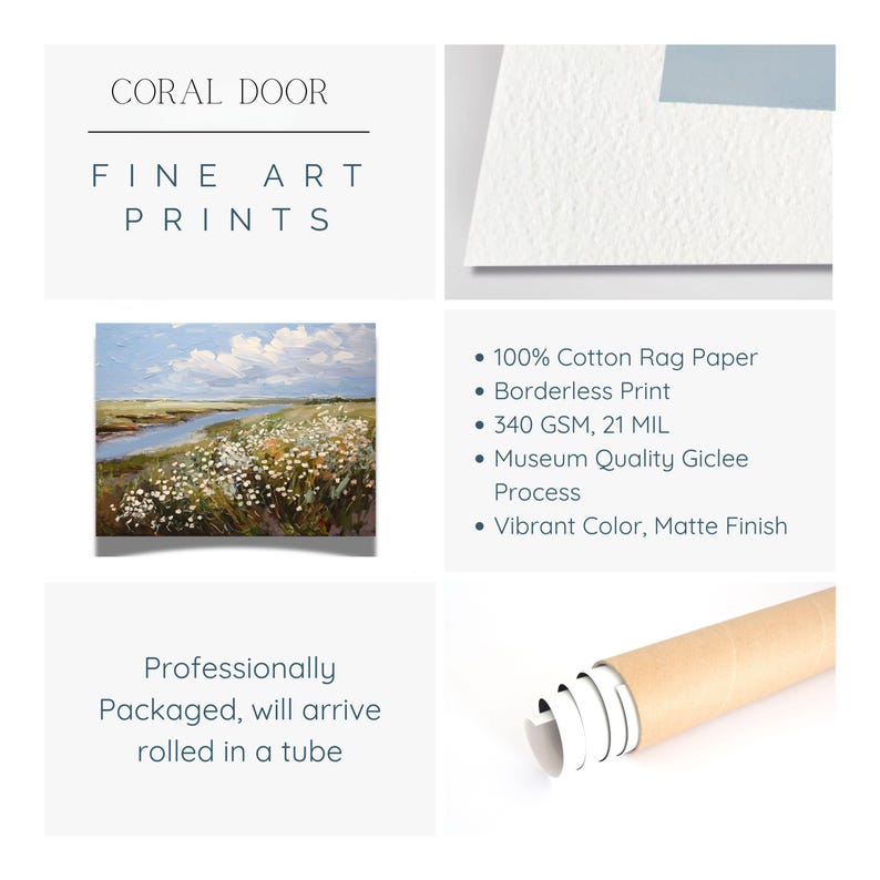 May include: Fine art prints from Coral Door. The image shows a landscape painting with a river and wildflowers. The prints are made with 100% cotton rag paper, borderless, and have a matte finish. Professionally packaged and rolled in a tube.