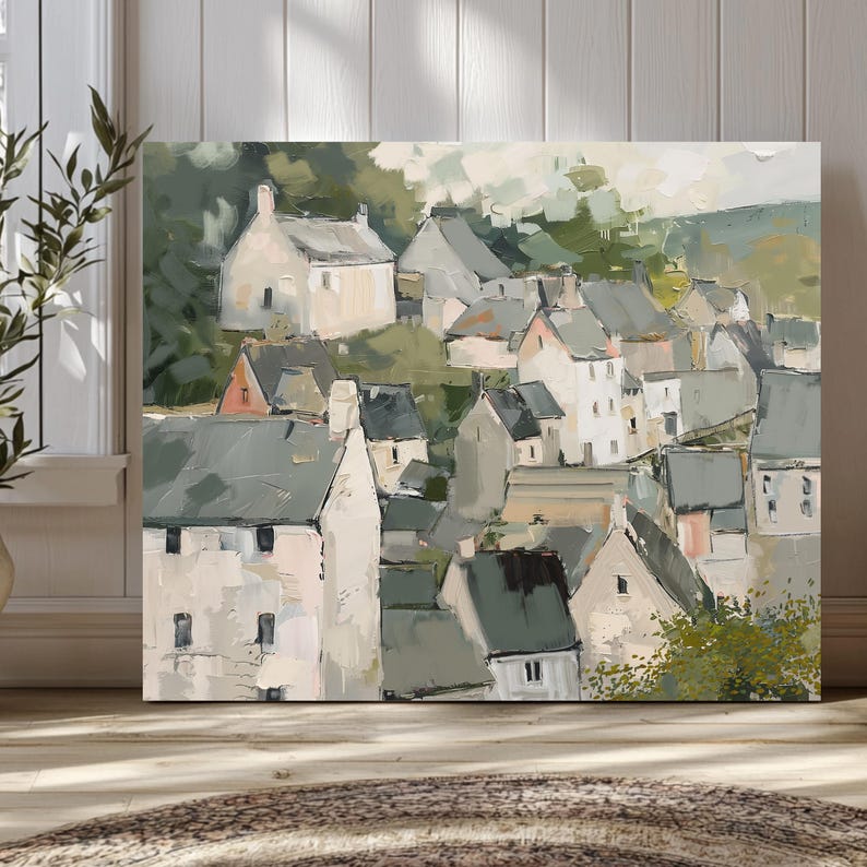 May include: An abstract painting of a village nestled in a valley. The artwork features a collection of buildings with white and gray walls and dark green roofs. The painting has a soft, muted color palette with a focus on greens and whites.