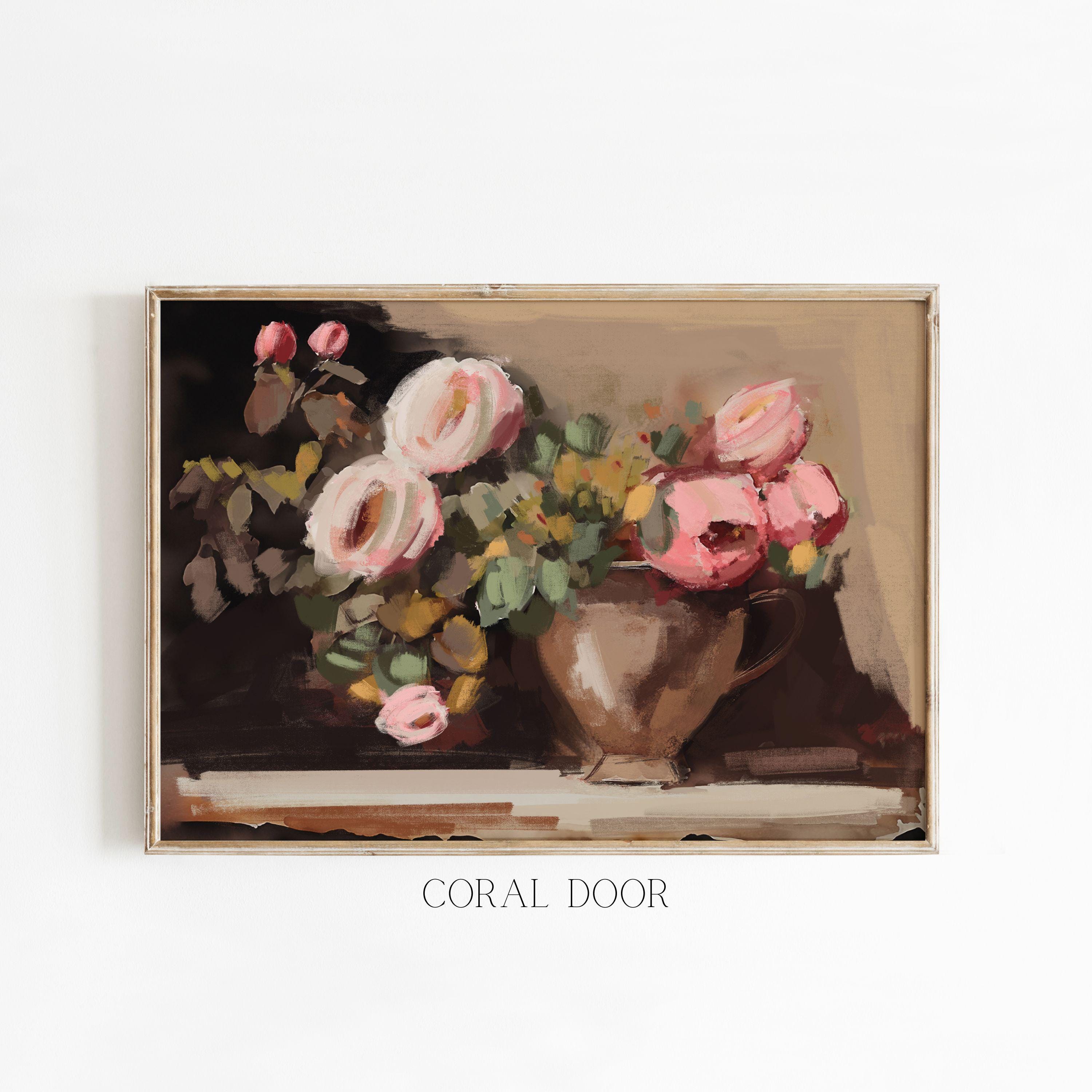 Pink Peonies Wall Art Vintage Floral Painting Moody Cottage Core Decor Print, Printed and Shipped artwork, Museum Quality Giclee Print