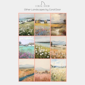 May include: Nine landscape paintings by Coral Door, each in a square format. The paintings depict various outdoor scenes, including fields of flowers, coastal views, and rural landscapes. The colour palette includes greens, blues, yellows, and browns.
