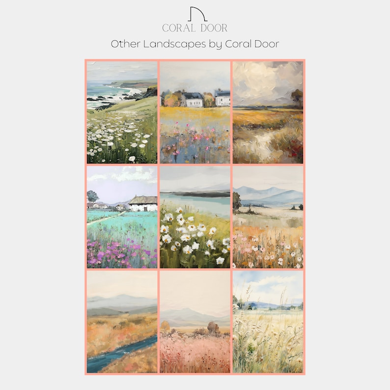 May include: Nine landscape paintings by Coral Door, each in a square format. The paintings depict various outdoor scenes, including fields of flowers, coastal views, and rural landscapes. The colour palette includes greens, blues, yellows, and browns.