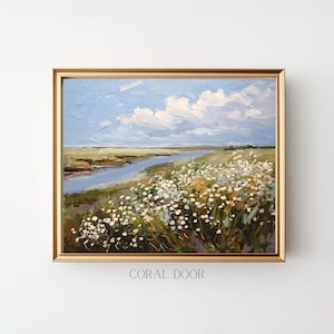 May include: Oil painting in a gold frame showing a marsh landscape with a river, wildflowers, and a cloudy sky. The text "CORAL DOOR" is at the bottom of the frame.