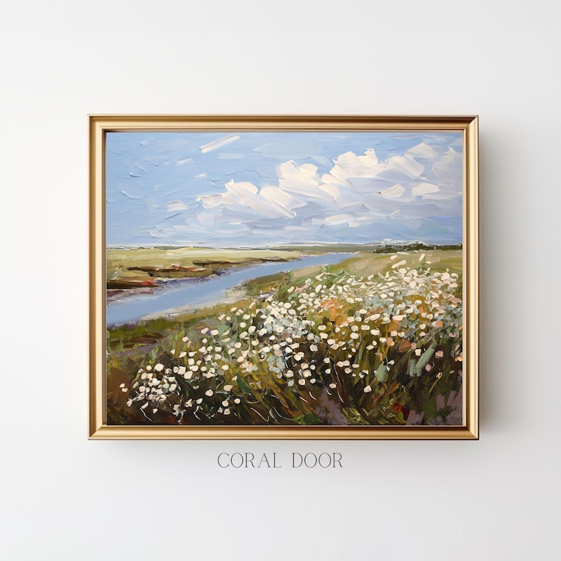 May include: Oil painting in a gold frame showing a marsh landscape with a river, wildflowers, and a cloudy sky. The text "CORAL DOOR" is at the bottom of the frame.
