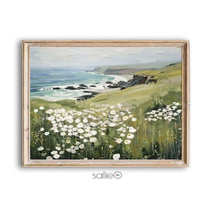 Arte mural de paisajes de Connemara, Irlanda, arte de playa con línea costera oceánica, lámina impresionista de flores silvestres en laderas, impresiones en lienzo vintage,