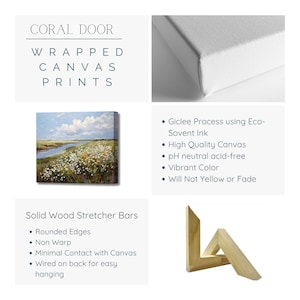 May include: A canvas print of a landscape painting with a river, blue sky, and white flowers. The image shows details of the canvas, including solid wood stretcher bars. Text reads "CORAL DOOR WRAPPED CANVAS PRINTS."