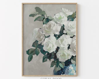 White Rose Floral Print, Vintage Flower Wall Art, Neutral Botanical Painting, Cottagecore Blue Vase Art, Romantic Home Decor