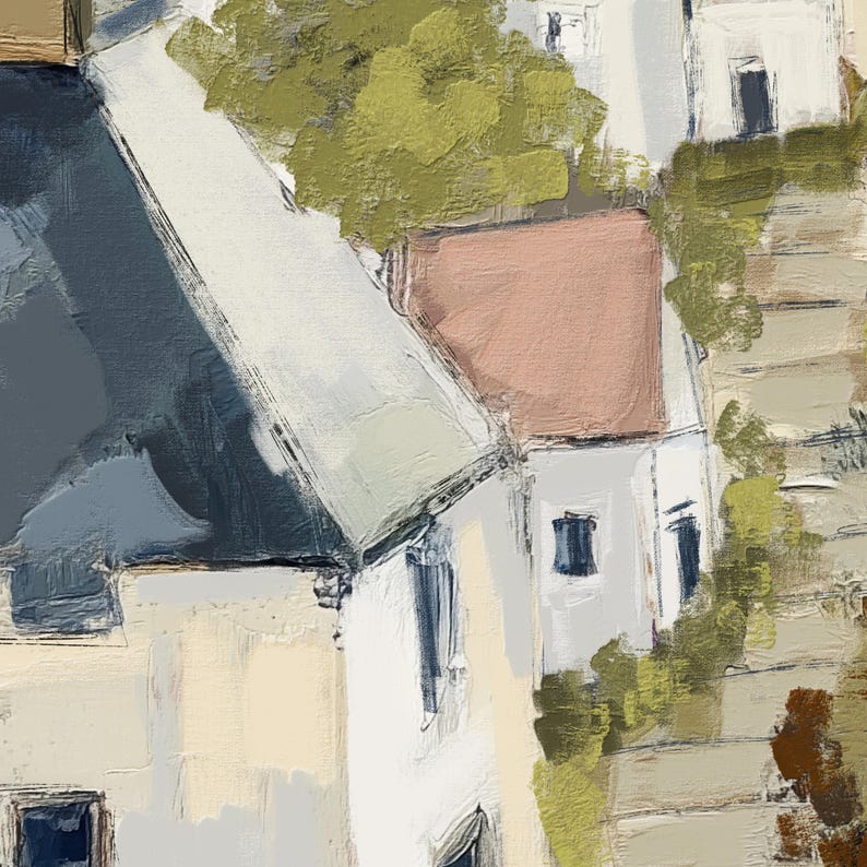 May include: An abstract painting of a village scene. The artwork features white buildings with blue and pink roofs, and green foliage. The brushstrokes are visible, creating a textured effect. The painting evokes a sense of a quaint, European village.