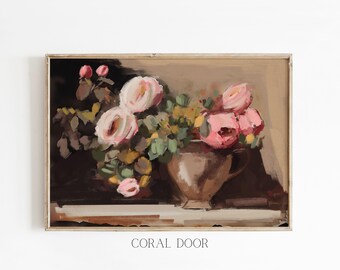 Vintage Floral Wall Art, Pink Moody Flower Print Cottage Core, Farmhouse Decor, Colorful Floral Painting Muted Tones, Printed and Shipped