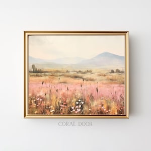 Ireland Landscape Wall Art Print, Mountain and Meadow Painting, Dreamy Pastoral Country Scene, Ireland Inspired Decor, Pink and Green Art