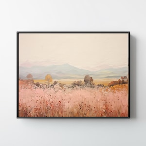 以下が含まれることがあります： 手前のピンクの野花畑、中間の木々、奥の青い山脈を描いた風景画です