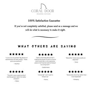 May include: A white background with text from Coral Door Modern Vintage. The text includes a 100% Satisfaction Guarantee and customer reviews with star ratings. The reviews mention the quality of the prints and customer satisfaction.