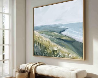 Ireland Landscape Wall Art, Ocean Shore Line Beach Art, Hillside Wildflowers, Vintage Canvas prints, Donegal Ireland