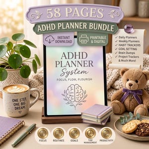 Könnte beinhalten: Ein digitales ADHS-Planer-Paket auf einem Tablet-Bildschirm mit dem Text ADHD PLANNER SYSTEM FOCUS, FLOW, FLOURISH. Das Paket enthält 58 Seiten, Tages- und Wochenplaner, Gewohnheits-Tracker, Zielsetzungen sowie Projekt-Tracker für die Organisation.