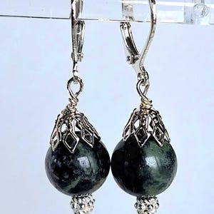 One of a kind semi precious Kambaba Jasper gem lever back dangle boho earrings artisan. Nickel free lever back ear wires.