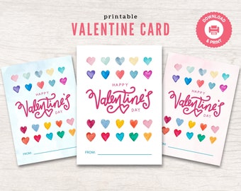 Kids Valentine Cards | Watercolor Hearts, School Valentines (Printable PDF)