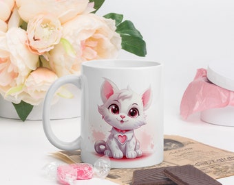 White and Pink Valentine Cat Ceramic Mugs (11oz\15oz\20oz) with original artwork by CrazyCatzCo