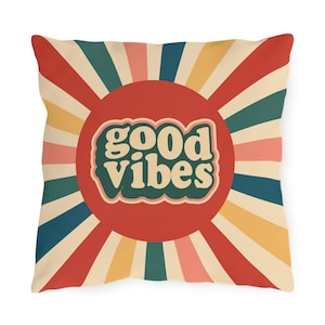 Retro outdoor throw pillow, good vibes, Trendy Fun Throw Pillows, colorful Pool, Patio, Deck, Porch, rainbow throw pillow