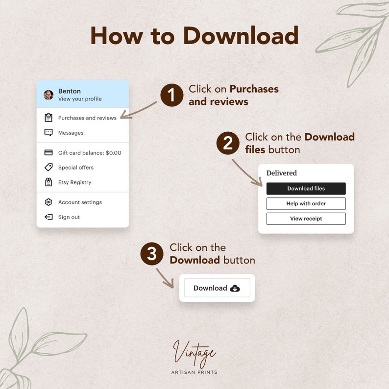 May include: A step-by-step guide on how to download digital files from Etsy. The image shows a screenshot of the Etsy website with instructions on how to access the download files button. The instructions are numbered 1, 2, and 3.