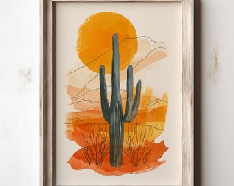 Cactus Desert Landscape Watercolor Painting Print Summer Lines Vintage Spring Printable Digital Print Wall Art Decor Neutral Print | 102