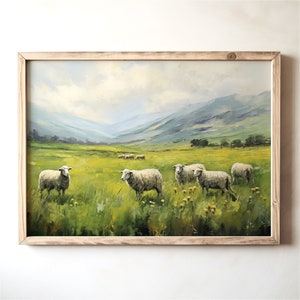Sheep Painting Scottish Highlands, Vintage Scotland Landscape Print, English Cottage Farmhouse, Flock in Pasture Printable Art | 121