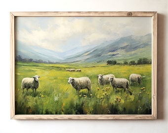 Scottish Highlands Sheep Landscape Painting: Vintage Farmhouse Print (Digital Download)