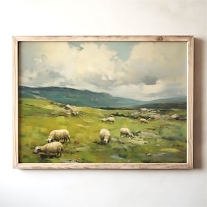 Sheep Painting Scottish Highlands, Vintage Scotland Landscape Print, English Cottage Farmhouse Printable | 110