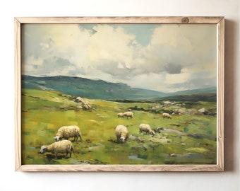 Sheep Painting Scottish Highlands, Vintage Scotland Landscape Print, English Cottage Farmhouse Printable | 110