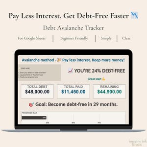 Puede incluir: Una pantalla de portátil muestra un "Debt Avalanche Tracker" para Google Sheets. La pantalla muestra la deuda total, el total pagado y la deuda restante, con una barra de progreso al 24%. El texto incluye "Pay Less Interest. Get Debt-Free Faster."