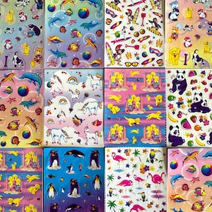 Vintage Lisa Frank 1/4 Sticker Blätter, 80er & 90er Jahre Lisa Frank Mods, Einhörner Panda Bären Obst Delfin Regenbogen Katzen Hunde Flamingo RARE HTF