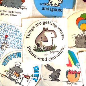 Pegatinas vintage de Boynton de los 80, raras, de RPP Inc. Srickers, elefante, hipopótamo, gato, conejo, rinoceronte, amor, sonrisa e ignóralo, por favor, envía chocolate.